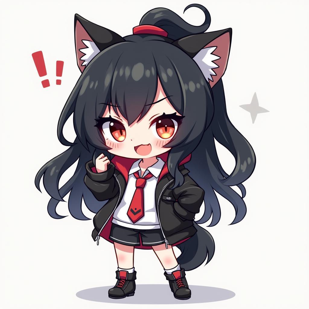 Anh chibi co gai toc den voi trang phuc ca tinh va anh mat day quyet tam rat ngau va cute